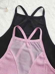 2pcs Contrast Color Mesh Cropped Backless Top, Sexy Sheer Criss-Cross Backless Deep V Spring/Summer Knit Camisole - Multicolor - View 4