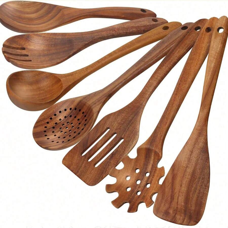 7pcs/1set Natural Bamboo Kitchen Utensil Set - Brown - View 1