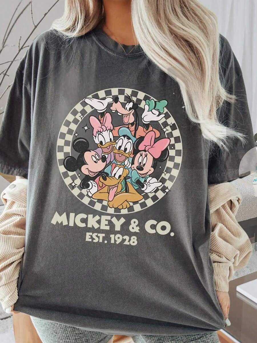 Disney UNIHLO   Mickey   Printed Summer Heavyweight Retro Washed Street Fashion Casual T-Shirt - màu đen - Xem 1