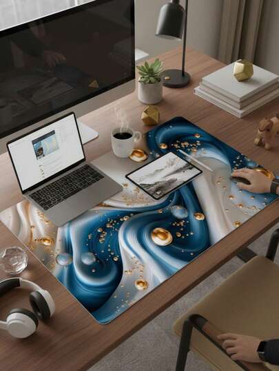 Large Size Waterproof Non-Slip Smooth Cloth Surface Blue & Gold Fluid Art Pattern Mouse Pad, Also Suitable As Keyboard Pad, Desk Mat Or Book Stand, Suitable For Gamers, Office And Dorm Use, Compatible With Mouse And Trackball, Great Gift For Gamers