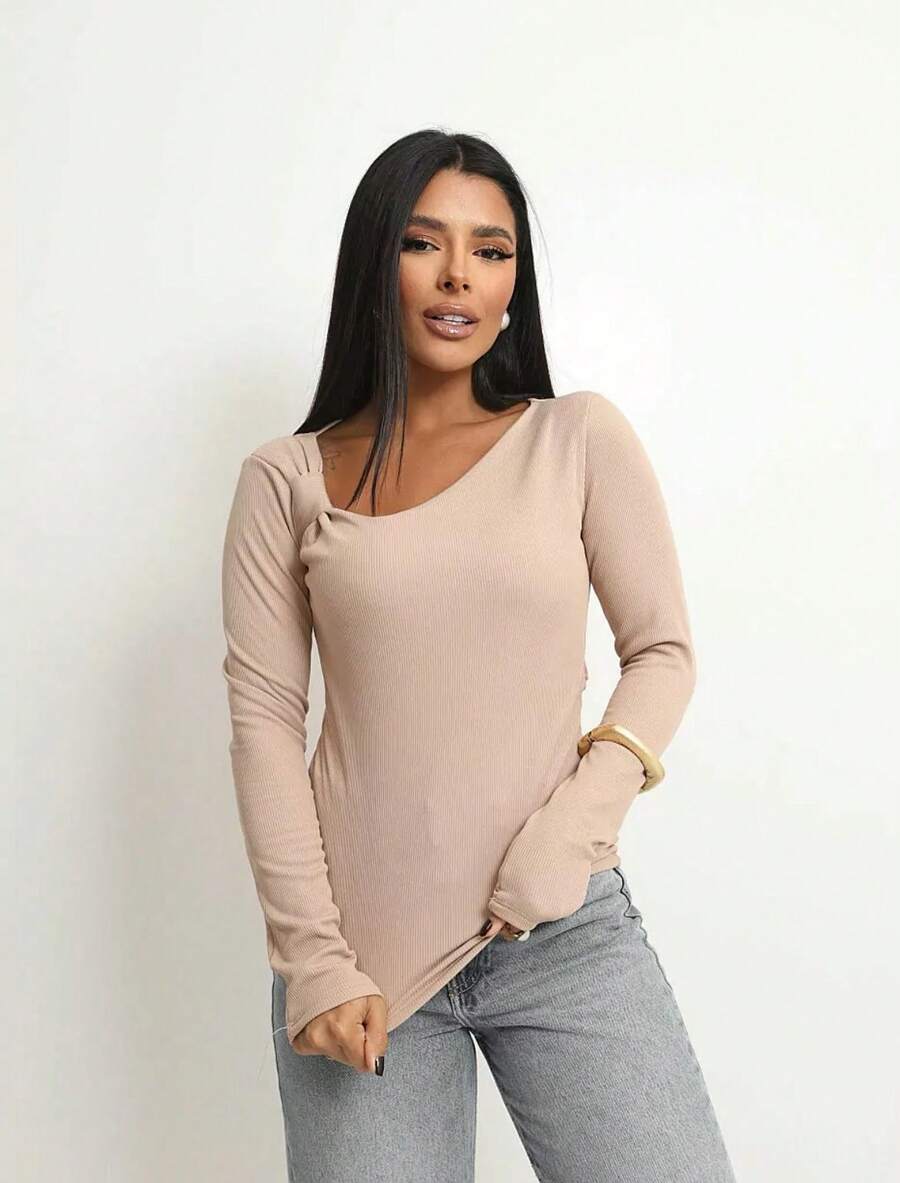Women's Long Sleeve Blouse With Oblique Collar, Pleated, Flannel Lined, Casual, Autumn/Winter, Elegant - 奶油色 - 查看 1
