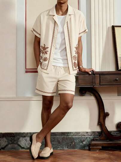 Bộ đồ nam 2 mảnh mùa hè thoải mái, đa năng, gồm áo sơ mi ngắn tay in kỹ thuật số và quần short cạp chun, trang phục đi biển thoải mái.