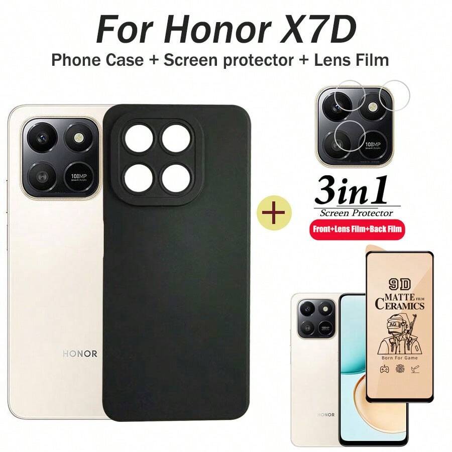 Shockproof Matte Ceramic Screen Protector Phone Case For Honor X7D Phone Case Shockproof For Honor X7D Soft Case + Full Screen Ceramic Protector Film + Lens Film Spring Gift - Black - View 1