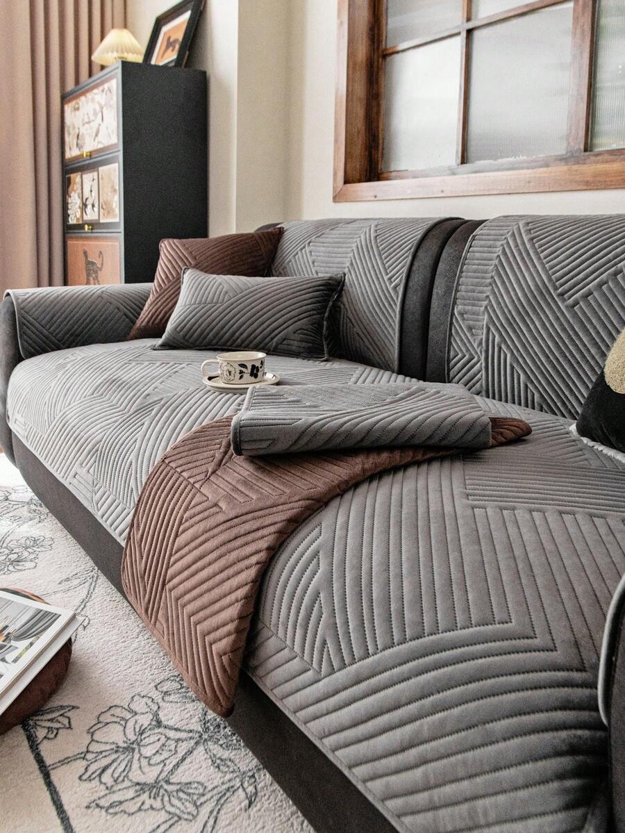 1pc Embroidered Plush Sofa Cushion Cover, Solid Color Geometric Line Floral Pattern, Non-Slip Anti-Scratch, Suitable For All Seasons, Easy To Clean, Holiday & Home Decor, Fits 1/2/3/4 Seater Sofa - Dark Grey - View 1