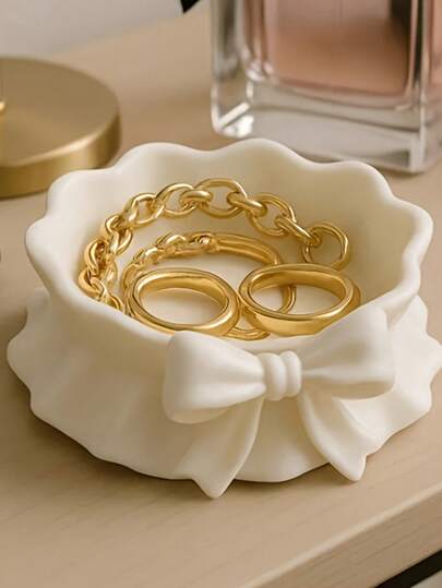 1 pieza Bandeja de joyería con lazo con volantes, organizador de plástico blanco para el hogar, escritorio, oficina, fiesta temática, Navidad, Acción de Gracias, San Valentín, Pascua, regalos de fiestas y cumpleaños