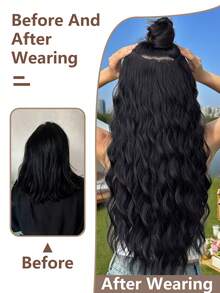 Extensiones de cabello sintético de fibra resistente al calor, estilo ondulado, de 26 pulgadas de largo, con degradado en forma de V en color negro, adecuadas para mujeres y niñas para fiestas y uso diario. Incluye pasadores, accesorios y pinzas - Multicolor - Ver 6