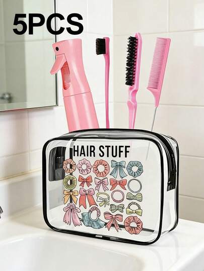 5pcs/Set PVC Makeup Bag, Girl's Lightweight, Fade-Resistant, Zipper Closure, Portable, Easy To Wipe, Fashion Aesthetic, Fade-Resistant Material, Travel Essential, Holiday, Winter/Summer, Back To School, Waterproof, Cruise, Bathroom, Travel Necessity, Large Capacity