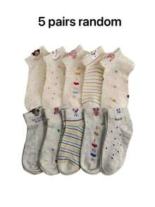 5 Pairs Random Cartoon Puppy & Rabbit Print Ankle Socks, Spring/Summer - Multicolor - View 7