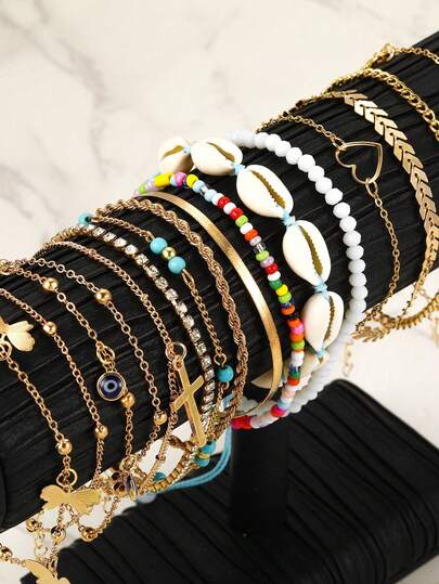 2-15件套时尚简约波西米亚复古蝴蝶、爱心、十字架、仿贝壳和珍珠链脚链套装，适合约会、派对、海滩、度假、日常佩戴，也是一份贴心的礼物。