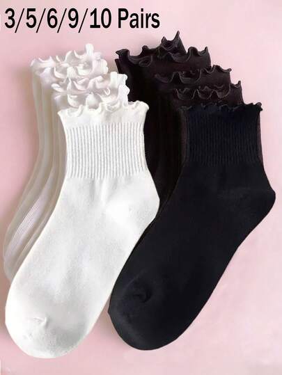 3/5/6/9/10 Pairs Ruffle Trim Ankle Socks, Cute Frill Edge Casual Socks, Soft Comfortable Solid Color Women Socks