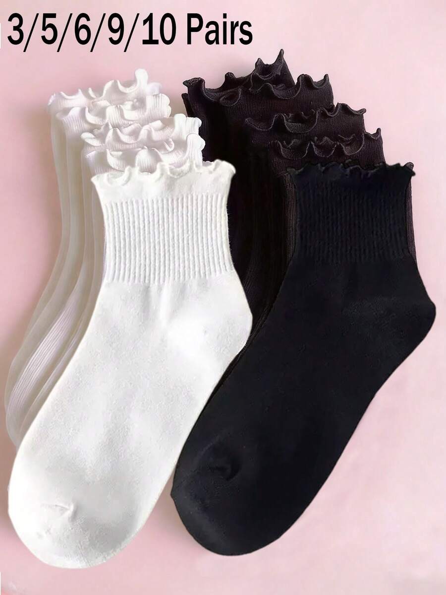 3/5/6/9/10 Pairs Ruffle Trim Ankle Socks, Cute Frill Edge Casual Socks, Soft Comfortable Solid Color Women Socks - Multicolor - View 1