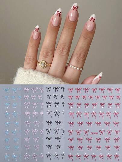 4 יחידות מדבקות ציפורניים דביקות עצמית בעיצוב קשת אדום תלת מימד וכוכב ליום האהבה, קישוט ציפורניים עשה זאת בעצמך לנשים