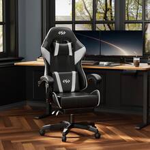 HLDIRECT Gaming Chair, Ergonomic Computer Office Chair With Lumbar Support Footrest Headrest, Adjustable Height & Backrest Angle Video Gamer Chair, PU Leather, 360° Swivel, Adult,Black And White - 黑與白 - 查看 2