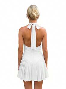 Women Mini Dress Solid Color Tie-Up Halter Neck Cowl Neck Sleeveless Dress Summer Fashion Casual Pleated Dress - 白色 - 查看 5