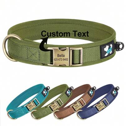 Nylon Soft Lining Solid Color Dog Engraved Collar, Retro Elegant Custom Pet Collar, Adjustable Neck Strap Anti-Lost Collar