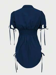 Camisa de manga corta elegante con botones y cintura elástica - Adecuada para ocasiones casuales y formales, ropa casual |   Estilo refinado |   Blusa de manga corta de verano - Verde - Ver 11