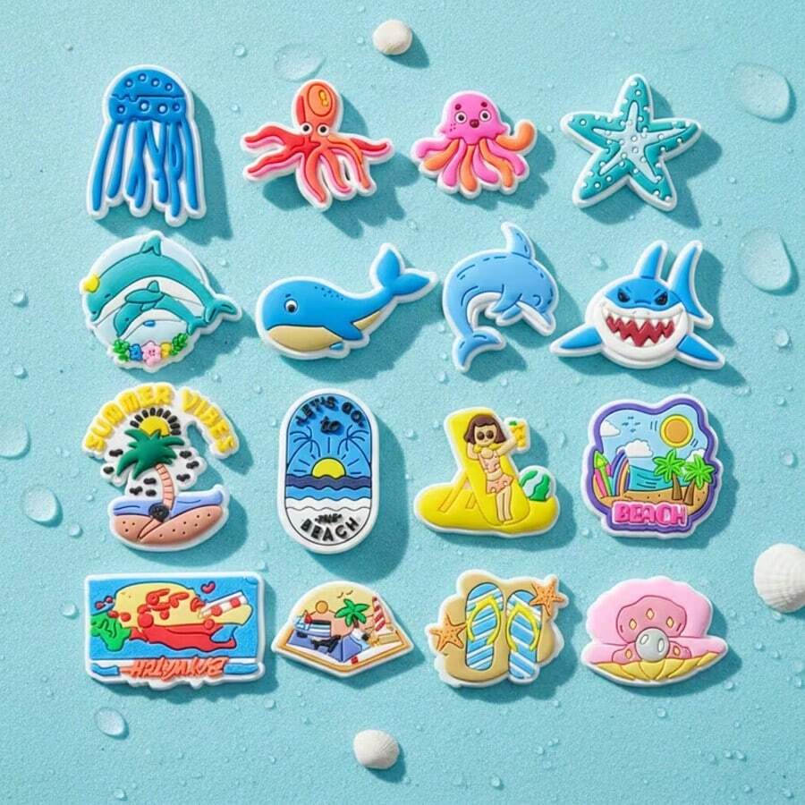 16pcs Detachable Ocean Life & Beach Theme PVC Shoe Charms, High Quality Jewelry Accessories Suitable For Slippers, Sandals, Beach Bags, Gifts, Christmas, Birthday Party, Smooth & Colorful Surface