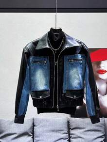 Retro Split Leather Denim Jacket For Men's Autumn And Winter Niche Splicing Design Korean Version Short Jacket Casual Versatile Top - Black - View 3