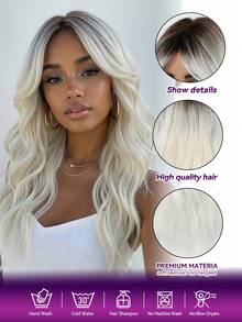 Peluca de onda corporal de 22 pulgadas con color ombre de rubio oscuro a blanco para mujeres, peluca sintética resistente al calor hecha a máquina para uso diario y citas - Multicolor - Ver 7