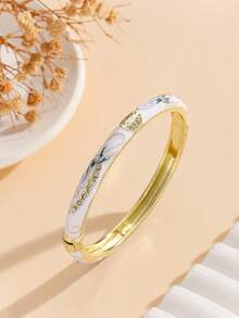 1件新款时尚中国风青花瓷镀金花卉珐琅彩手镯，女士及女孩饰品 - 白色 - 查看 3