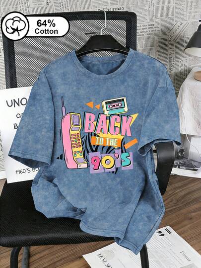女士复古短袖T恤，印有“回到90年代”卡通手机图案，圆领休闲T恤，适合居家日常穿着，高档面料，经水洗处理后更显柔软舒适，夏季穿着。