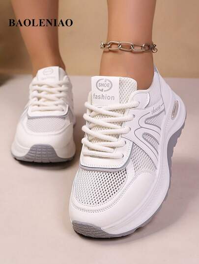 New Women's Sports Shoes With Geometric Pattern, Knitted Fabric Lace-Up, Mesh Patchwork, Breathable White Mesh Cloth, Outdoor Running Sneakers, Versatile Tennis Shoes For All Seasons