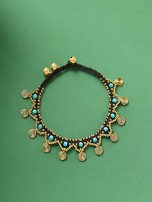 1 chiếc vòng chân đính cườm thủ công kiểu Bohemian mạ vàng cổ điển dành cho nữ, hạt cườm đồng và ngọc lam, phụ kiện trang sức mùa hè đi biển. - Đan tay - Xem 5