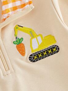 Toddler Baby Boy Easter Sweatshirt Bunny Carrot Embroidered Long Sleeve Half Zip-Up Collared Pullover Tops For Spring Fall - Khaki - View 4