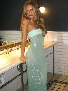 Sexy Women's Evening Dress Elegant Tube Top Slim-Fitting Long Dress Sequined Split Backless Sequined Dress - 薄荷綠 - 查看 5