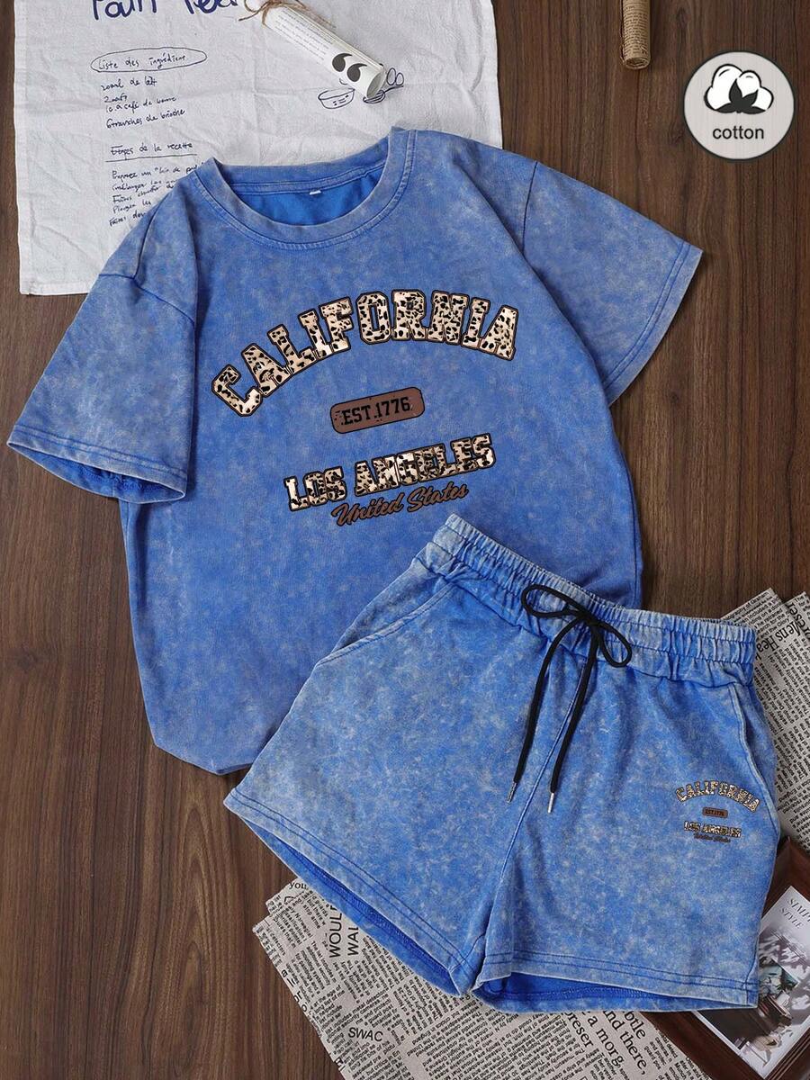 Es Trus Women's Cotton Summer Hiphop Retro American College Style "California, Los Angeles" Leopard Print Letter Graphic Streetwear, Korean Vintage Comfortable Y2K Basic Fashion Short Sleeve T-Shirt And Shorts 2-Piece Set, Navy Blue Elegant - Royal Blue - View 1