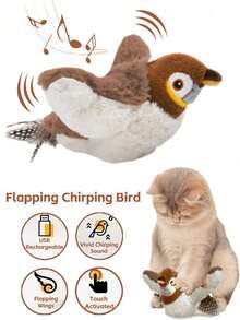 Must-Have For Cat Lovers! Flapping Chirping Little Bird Pet Toy - Helps Relieve Cat Boredom, USB Rechargeable, Touch Activated (Wings Only, Cannot Fly) - Brown - View 9
