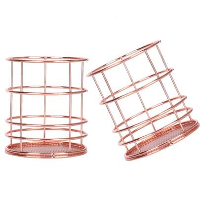 2Pcs Pen Holder Round Rose Gold Desktop Storage Basket Metal Mesh Makeup Organizer Box