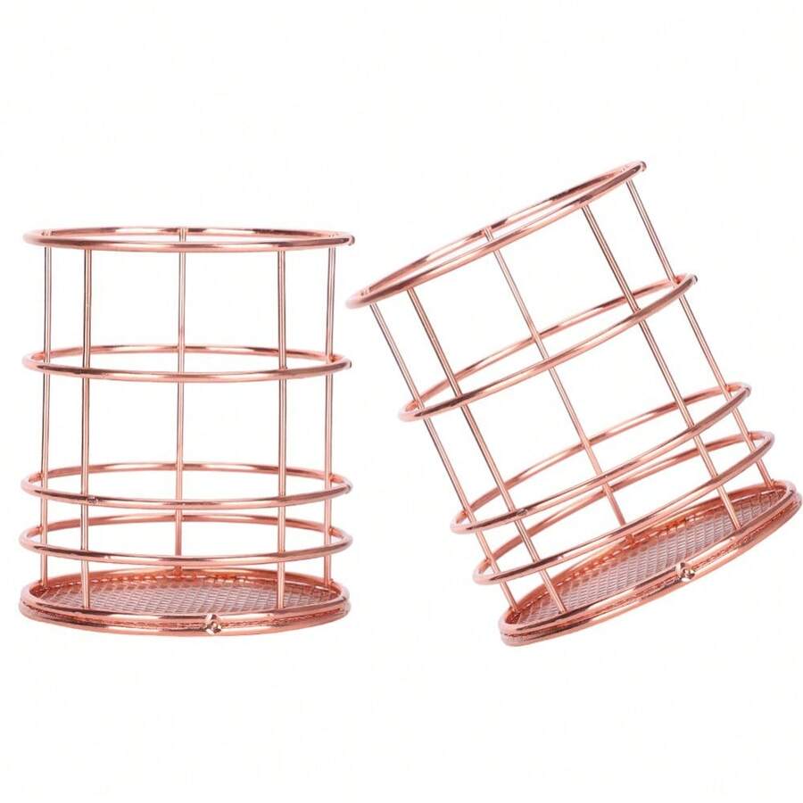 2Pcs Pen Holder Round Rose Gold Desktop Storage Basket Metal Mesh Makeup Organizer Box - Multicolor - View 1