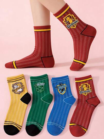 Warner Bros 4双男女通用主题袜子，采用学校图案和纯色设计，吸湿透气，适合学生、情侣和电影爱好者。