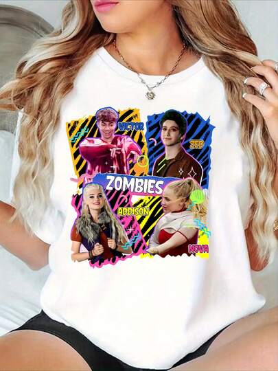 Fashionable Women's Spring-Summer Clothing, One Style<Zombies>The Characters Are Presented In A Cyberpunk Collage Style: The Central "ZOMBIES" Title Is Highlighted In Neon Blue Three-Dimensional Lettering, Surrounded By Four Characters -- VICTOR (In A Red Sequined Outfit), ZERO (In A Green Leather Jacket), ADDISON (With Silver-Gray Curly Hair And A Denim Vest), And NOVA (In A Blonde Nurse's Uniform). The Background Features A Contrasting Yellow And Purple Lightning Pattern And Sound Wave Graphics, With Character Names Highlighted In Fluorescent Colors. The Overall Design Resembles A Poster For A Youthful Musical Film In The Glitch Art Style, Dynamic And Avant-Garde</Zombies> 3QHS