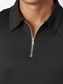 GRDR 男士夏季半拉链 Polo 衫，美式街头风修身款，百搭商务休闲上衣 - 黑色 - 查看 4