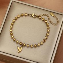 26 piezas Pulsera con dijes de letras iniciales, pulsera de acero inoxidable con cuentas doradas con letras de burbuja, adecuada para uso diario de mujeres, la caja de regalo es solo para fines de fotografía - Dorado - View 10