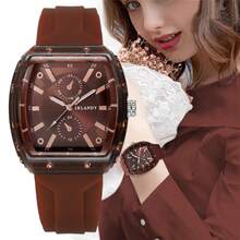 1件装女士硅胶桶形休闲手表，时尚优雅石英腕表，带数字表盘 - 棕色 - 查看 8