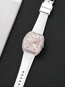 1pc Women's Silicone Watch, Fashion Casual Barrel-Shaped Dual-Eye Numeric Dial Quartz Wristwatch, Minimalist Design (Watch Box Not Included) - White - View 7