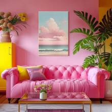 1 pza Arte de pared de verano azul, decoración de playa, cuadro de lienzo con marco, póster vintage, cielo nublado, cuerpo de agua, paisaje - Impresionista, enfoque natural, estilo de paleta pastel, decoración para sala, dormitorio u oficina, incluye herrajes - Vertical - Lienzo enmarcado - Ver 9