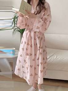 Cute & Charming Pink Robe, New Spring/Autumn Design, Adorable Bear & Heart Plaid Pattern, Loose & Comfortable Mid-Length Loungewear, Elegant & Relaxed, Suitable For Sauna/Beach/Pool/Bathroom, Refer To Size Chart For "Girl's Robe, Bathrobe, Quick-Dry Super Soft Coral Fleece Absorbent" - Multicolor - View 1