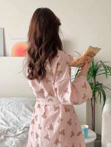 Cute & Charming Pink Robe, New Spring/Autumn Design, Adorable Bear & Heart Plaid Pattern, Loose & Comfortable Mid-Length Loungewear, Elegant & Relaxed, Suitable For Sauna/Beach/Pool/Bathroom, Refer To Size Chart For "Girl's Robe, Bathrobe, Quick-Dry Super Soft Coral Fleece Absorbent" - Multicolor - View 4