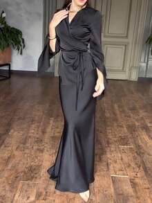 2pcs Women's Elegant Solid Color Long Sleeve Top And Skirt Set Spring Black - Black - View 6