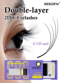 12片/套 2D Y型假睫毛，双层YY型假睫毛，CD卷度双卷3D浓密5D自然外翻假睫毛，0.07mm混合8-15mm/8-13mm YY型假睫毛嫁接套装，美妆沙龙睫毛工具 - D - 查看 2