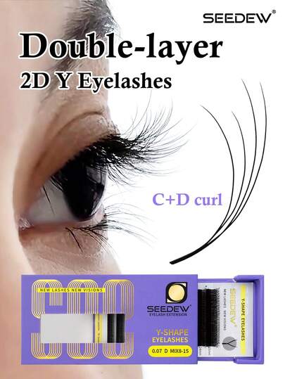 Seedew 12片/套 2D Y型假睫毛，双层YY型假睫毛，CD卷度双卷3D浓密5D自然外翻假睫毛，0.07mm混合8-15mm/8-13mm YY型假睫毛嫁接套装，美妆沙龙睫毛工具