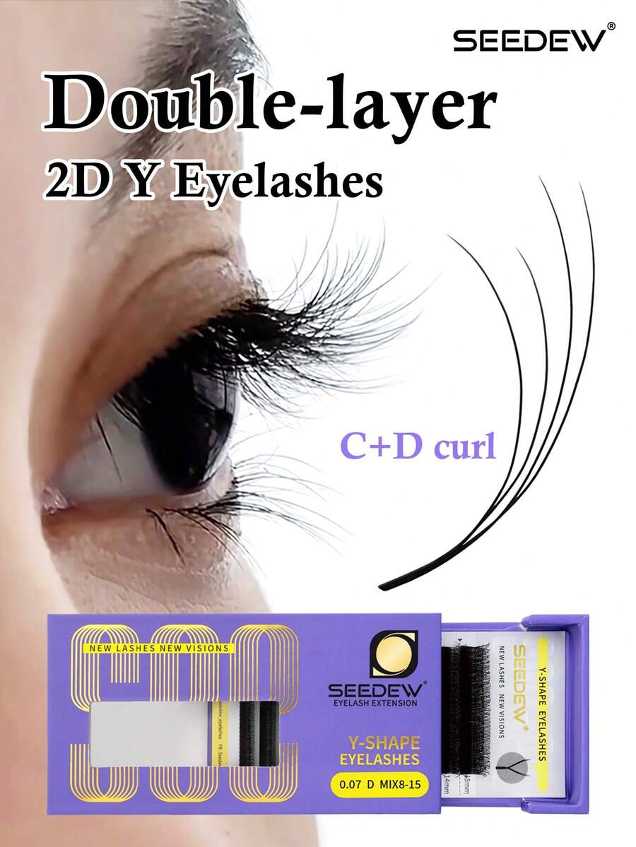 12片/套 2D Y型假睫毛，双层YY型假睫毛，CD卷度双卷3D浓密5D自然外翻假睫毛，0.07mm混合8-15mm/8-13mm YY型假睫毛嫁接套装，美妆沙龙睫毛工具
