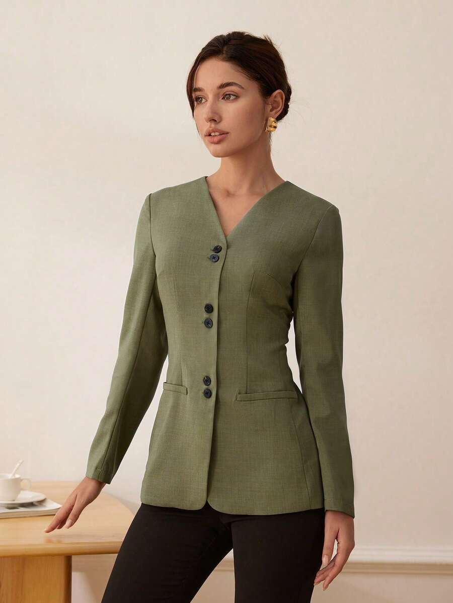 Amyenjoylife Women's Solid Color Casual Collarless Blazer