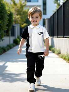 Bộ đồ thường ngày thoải mái cho bé trai: Áo polo tay ngắn in chữ và quần jogger. - trắng - Xem 1