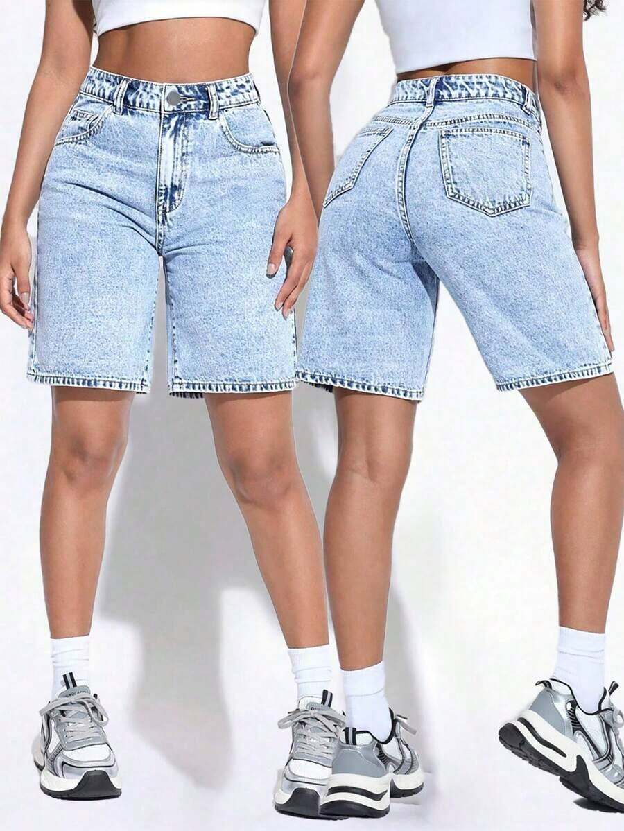 Women High Waist Bermuda Shorts, Casual Loose Style Jeans Shorts - 輕洗 - 查看 1