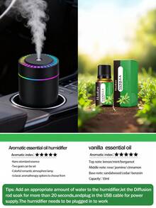 1 180ml Car Humidifier,Mini Moisturizer For Car With Romantic Colorful Night Light.Features Large Mist Output,Quiet Operation,Auto-Timer,2 Working Mode.Compatible With Essential Oils (6 Scents Available)Applicable Car,Office,Bedroom,Living Room,Study - Black and White - View 14